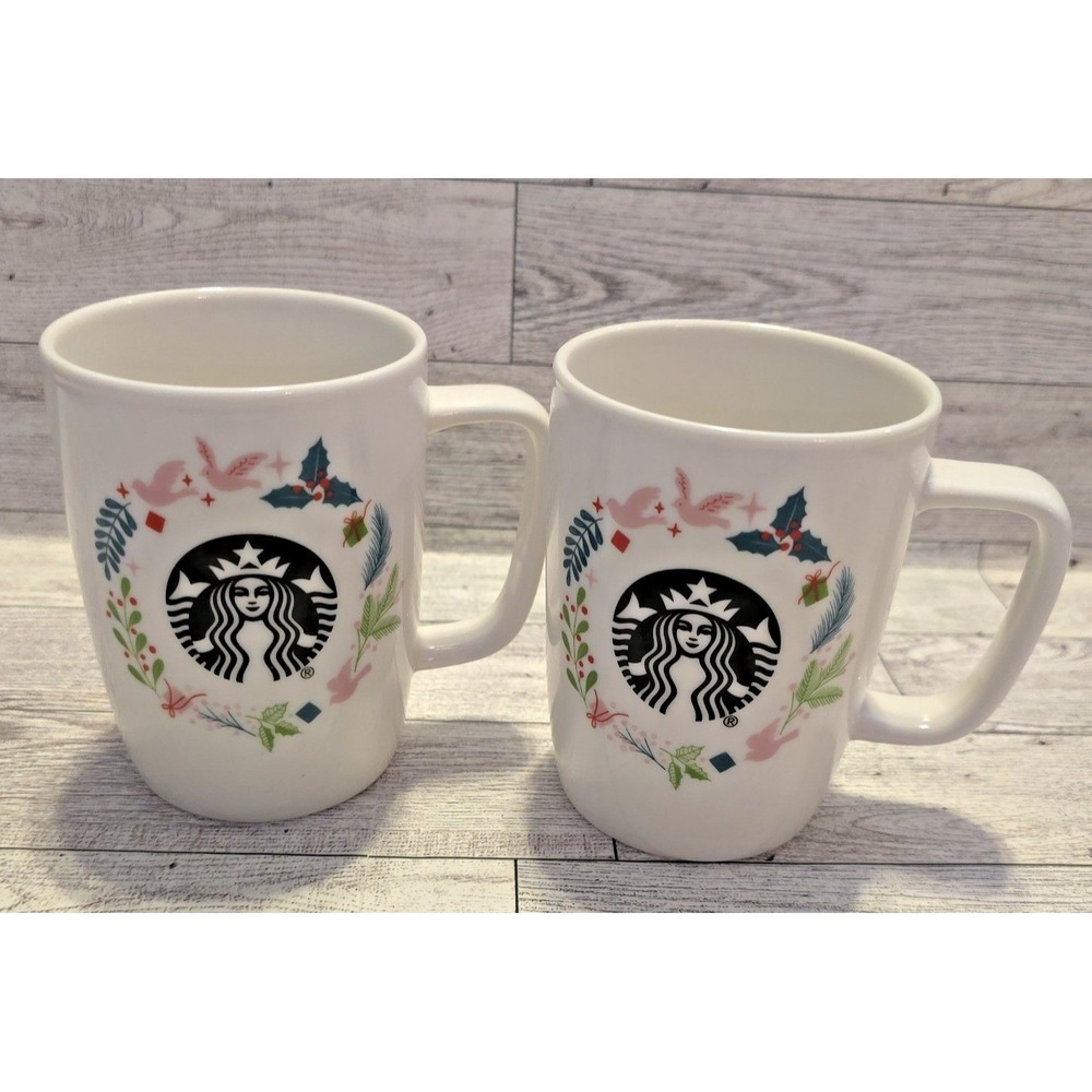 Starbucks Ceramic 10 oz Mug Christmas Birds Holly Set Of 2 Gift Tea Coffee